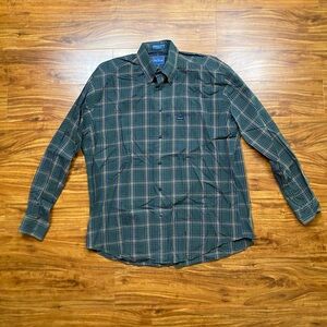 Faconnable Mens Olive Plaid Collared Button Down Shirt Size Large Classic Preppy